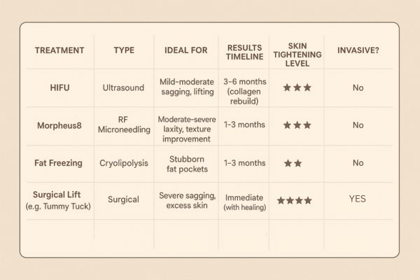 Table showing the comparisons of Skin tightening East Sussex treatment options.